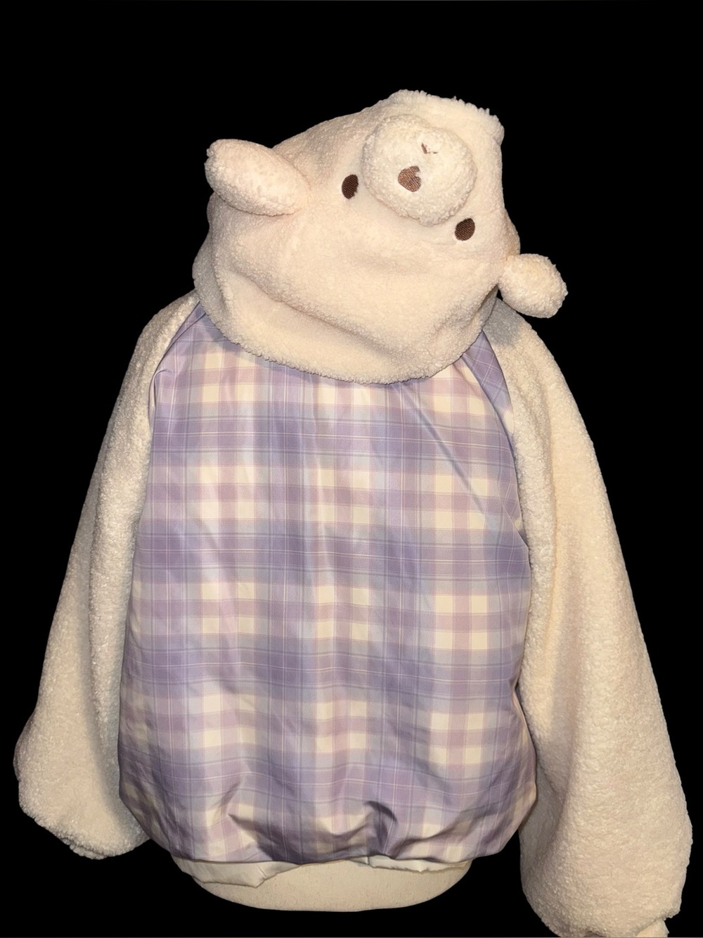 Kawaii Teddy Bear Jacket Womens M Lavender Plaid Sherpa Fleece Bear Hood Y2K - Picture 3 of 5